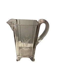 VTG Footed square Glass Water Pitcher With Etched Wheat Pattern On Sides 48 Oz - Picture 1 of 7