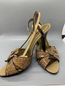 Linea Paolo Size 10M Brown Leopard Patent Leather Slingback Peep Toe Heels - Picture 1 of 6