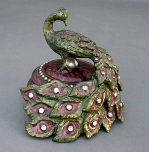 Kleine Vintage Emaille Pfau Deckel Metall Ring Box Magnetverschluss - Bild 1 von 10
