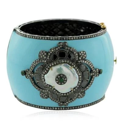 11.79Ct Pearl Emerald Black Diamond Blue Enamel Bangle 925 Sterling Silver - Image 1 of 4
