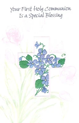 First Holy Communion Purple Flowers & Cross Greeting Card By Freedom Greetings  - Image 1 of 3