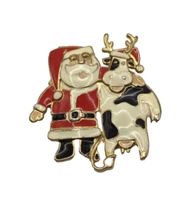 Vintage Berebi Enamel Brooch ~ Santa Claus With Reindeer Cow - Picture 1 of 6