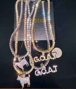 Hip Hop Iced Gold Plated Alloy Goat & G.O.A.T Pendant, Tennis Necklace Chain Men - Picture 1 of 16
