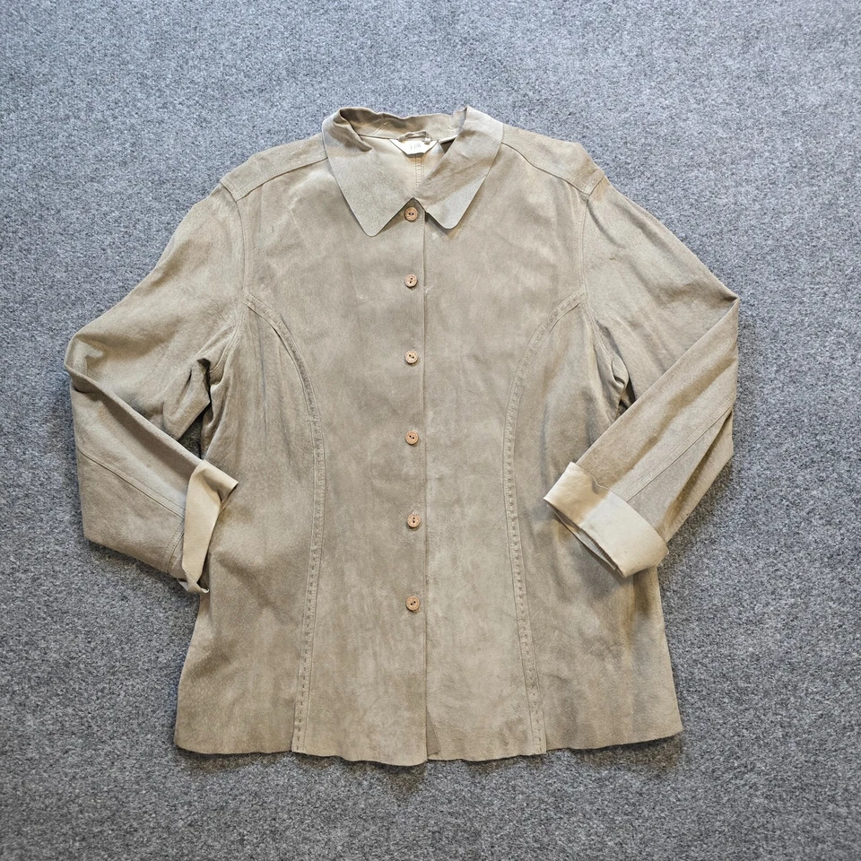 Top vintage Jill para mujer talla grande gris verde gamuza cuero botón manga larga Foto 1 de 4