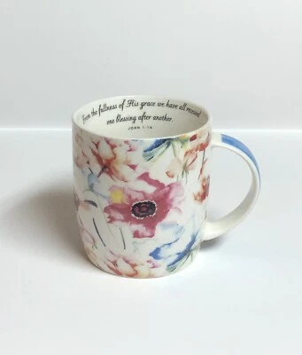 Christian Art Gifts Floral Scripture John 1:16 Blue Handle Coffee Mug - Image 1 of 3