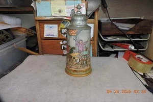 OLD Hauber & Reuther HR Etched German Beer Stein Colorful Pub Scene Heschutz - Picture 1 of 11