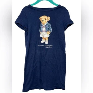Polo Ralph Lauren Navy Bear Graphic Girls Dress Size 5 Cotton Short Sleeve - Picture 1 of 4