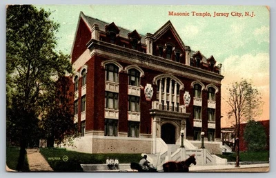 Vintage Masonic Temple Jersey City NJ Postcard 1909 Horse Carriage - Image 1 of 2