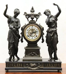 Antique Ansonia figural double statue spelter Iron base Mantel Clock - Picture 1 of 12