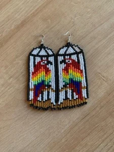 Colorful parrot earrings, cute beaded bird long earrings, seed bead jewelry gift - Picture 1 of 9