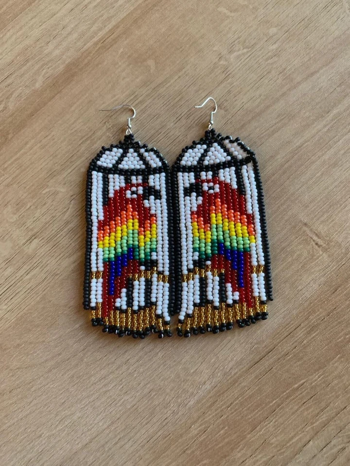 Colorful parrot earrings, cute beaded bird long earrings, seed bead jewelry gift - Image 1 of 1