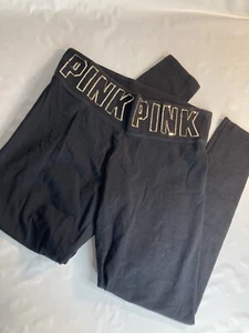 PINK Victoria secret black gold sequin logo yoga leggings medium  - Picture 1 of 4