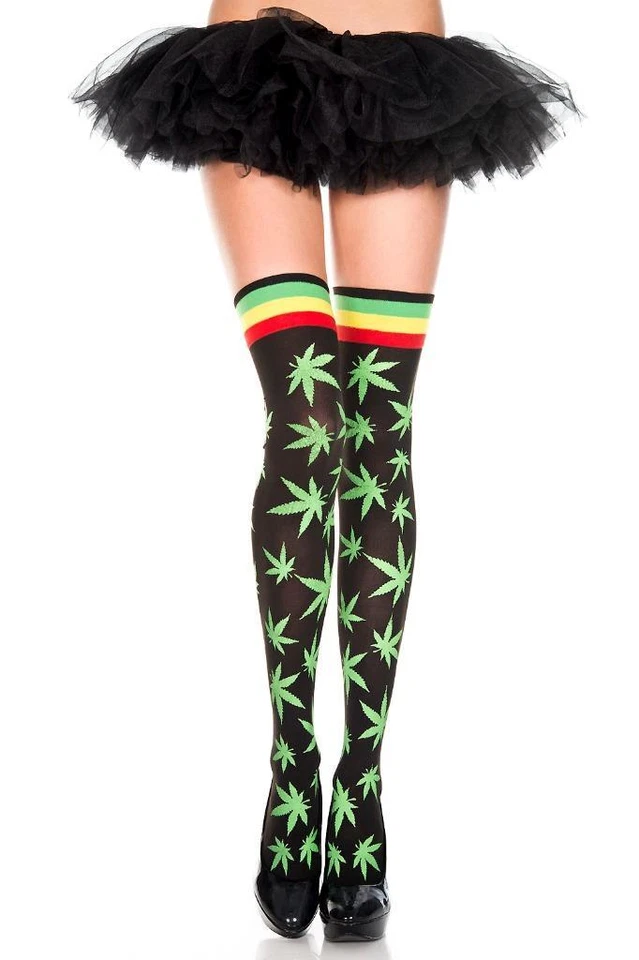 Sexy MÚSICA PIERNAS hierba MARIHUANA HOJAS jamaicano RAYAS MUSLO ALTOS medias Foto 1 de 1