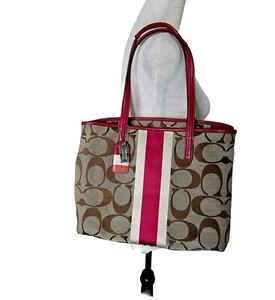 coach hampton tote bag khaki and pink! logo! authentic! - Picture 1 of 13