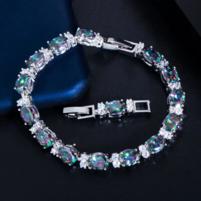 Venta Caliente Brazalete Plata Dije Mujer Topacio Místico Arco Iris Corte Ovalado Piedras Preciosas Foto 1 de 4