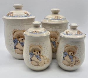 Vintage Tienshan Theodore Country Bear Canister 4 Piece Set Teddy W/ Lids - Picture 1 of 7