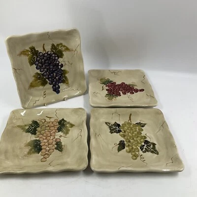 Tabletops Unlimited Cabernet Salad Plates Individual Square Hand Painted Grapes - Image 1 of 4
