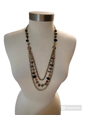 Handcrafted Upcycled Natural Stone Chip Layered Chain Necklace Goldtone - Image 1 of 4