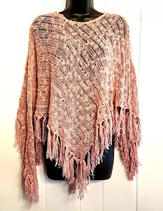 Poncho Tejido Rosa Pastel Knubby Y2K Forma de Triángulo Retro Borla Flecos Talla Única - Imagen 1 de 3