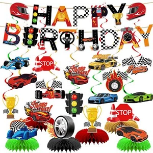 Race Car Party Decorations Race Car Happy Birthday Banner Race Car Hanging Swirl - Picture 1 of 7