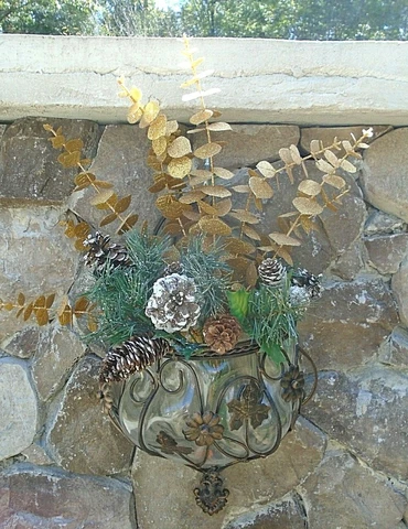 Wall Basket Vase Glass & Bronze Tone Metal Floral Flowers & Leaves Cover