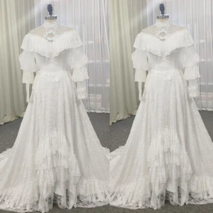 New Vintage White ivory Wedding Dresses Mid Century Long Sleeves Lace Bridal - Picture 1 of 9