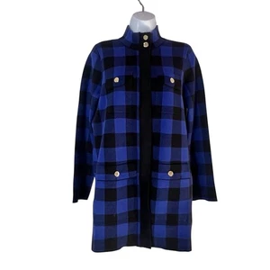Anne Klein Plaid Knit Sweater Cardigan S Blue Black Gold Toned Buttons Pockets - Picture 1 of 8