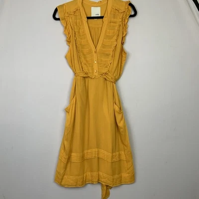 Vestido Boho Odille Anthropologie Talla 6 Amarillo Mostaza Volantes Pintuck Atado Espalda Foto 1 de 4