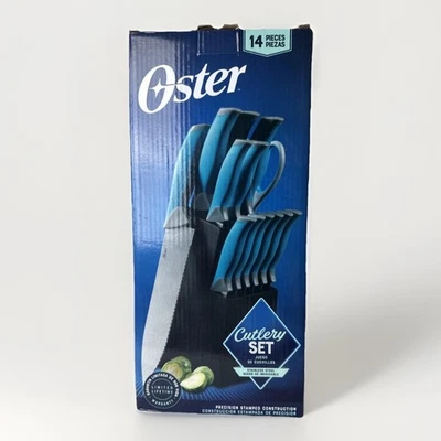 Juego de cuchillos de cocina de acero inoxidable de 14 piezas con asas verde azulado y bloque de madera de goma Foto 1 de 4