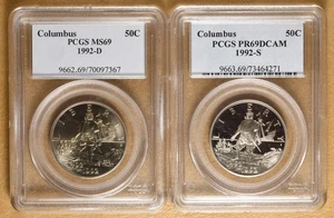 1992 UNC & Proof Columbus Commemorative Half Dollars PCGS MS69 & PR69DCAM - Picture 1 of 2