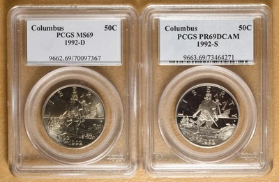 1992 UNC & Proof Columbus Commemorative Half Dollars PCGS MS69 & PR69DCAM - Image 1 of 2