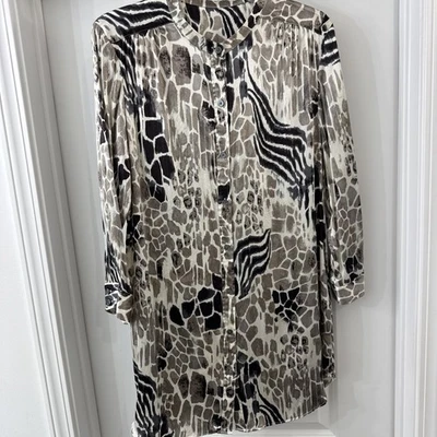 Camisa Adrienne Vittadini Mujer Estampado Animal Seda Abotonada Top Túnica Larga Talla L Foto 1 de 4