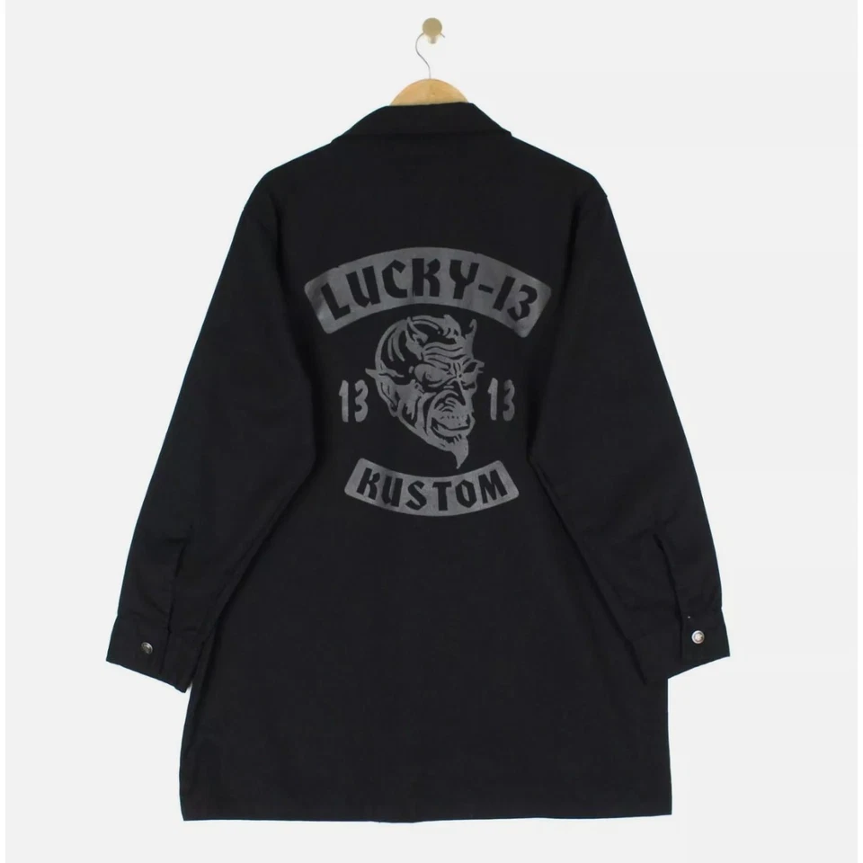 Vintage Lucky 13 Shirt Jacket Black Graphics Print Back USA Made Devil Kustom - Image 1 of 4