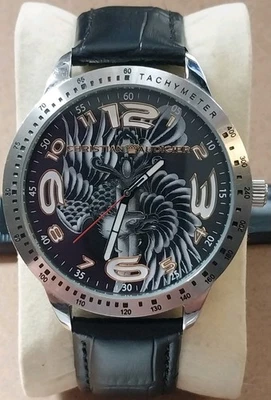 Christian Audigier 石英手表 SWI-517 鹰与剑表盘 Blk 表带全新电池 — 第 1/4 张图片