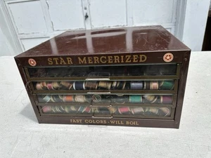 Vintage Metal Tin Litho Spool Cabinet Chest Star Mercerized American Thread Co - Picture 1 of 18