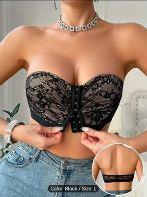 Женщин Sexy передней застежки кружевной бюстгальтер с сеткой наложения, без косточки, черный цвет L - Изображение 1 из 4