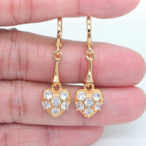 18K Yellow Gold Filled Women Clear Topaz Love Hearts Dangle Earring Jewelry - Picture 1 of 4