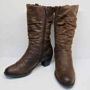 Women's Yuu Nabie Brown Mid Calf Heeled Zipper Boots Shoes Sz 6.5M Textile Upper - Picture 1 of 12