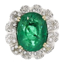 Vintage 18K White Gold 15.15ctw Large Oval Brilliant GIA Emerald & Diamond Ring
