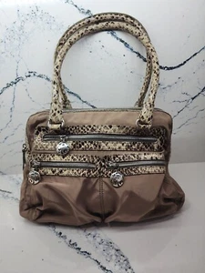 BRIGHTON Taupe Nylon with Snakeskin Python Embossed Trim Medium Shoulder Satchel - Picture 1 of 6