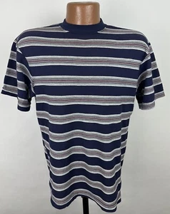 Vintage 90s Striped T-Shirt YOUTH L Pique Knit Tee Navy Blue Heather Gray Grunge - Bild 1 von 13