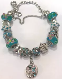 ❤️European CHARM BEADS BRACELET ~ AQUA Beads & Sterling Silver Plated Chain #2❤️ - Picture 1 of 4