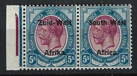 SOUTH WEST AFRICA SG13 1923 KGV 5s Purple & Blue, Setting II. MLH Marginal Pair Cover