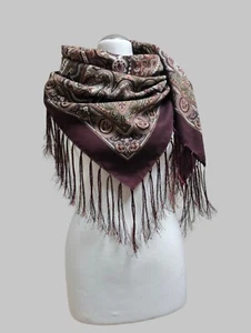 Vintage russischer Schal Tuch Wolle Fransen dunkelrot Paisley Pavlovo Posad Stil 45" - Bild 1 von 12
