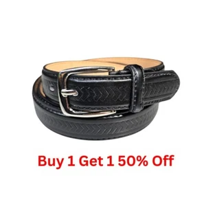 Herren Leder Freizeit Elegant Schwarz Gürtel Silber Schnalle Größen S / M / L / XL - Bild 1 von 5