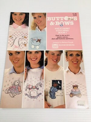 Buttons & Bows Sweatshirt Cross Stitching Book 1 Waste Canvas Rabbit Teddy Bear - Image 1 of 4