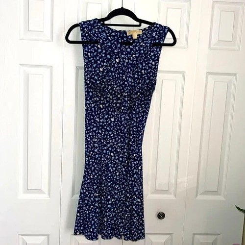 Abito donna Michael Kors Lg blu bianco Shift floreale senza maniche corto nappa nuovo