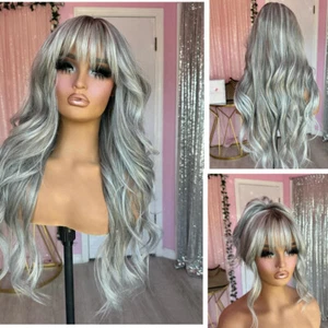 Silver Grey Blonde Lace Front Wigs with Bangs Remy Human Hair Wigs 180% Density - Picture 1 of 9