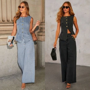 denim co ord sleeveless vest wide leg jeans button front vintage style retro - Picture 1 of 26