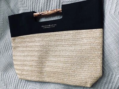 Donna Karan Cashmere Mist WOVEN STRAW TOTE HAND BAG PURSE WITH BAMBOO HANDLES - Image 1 of 4